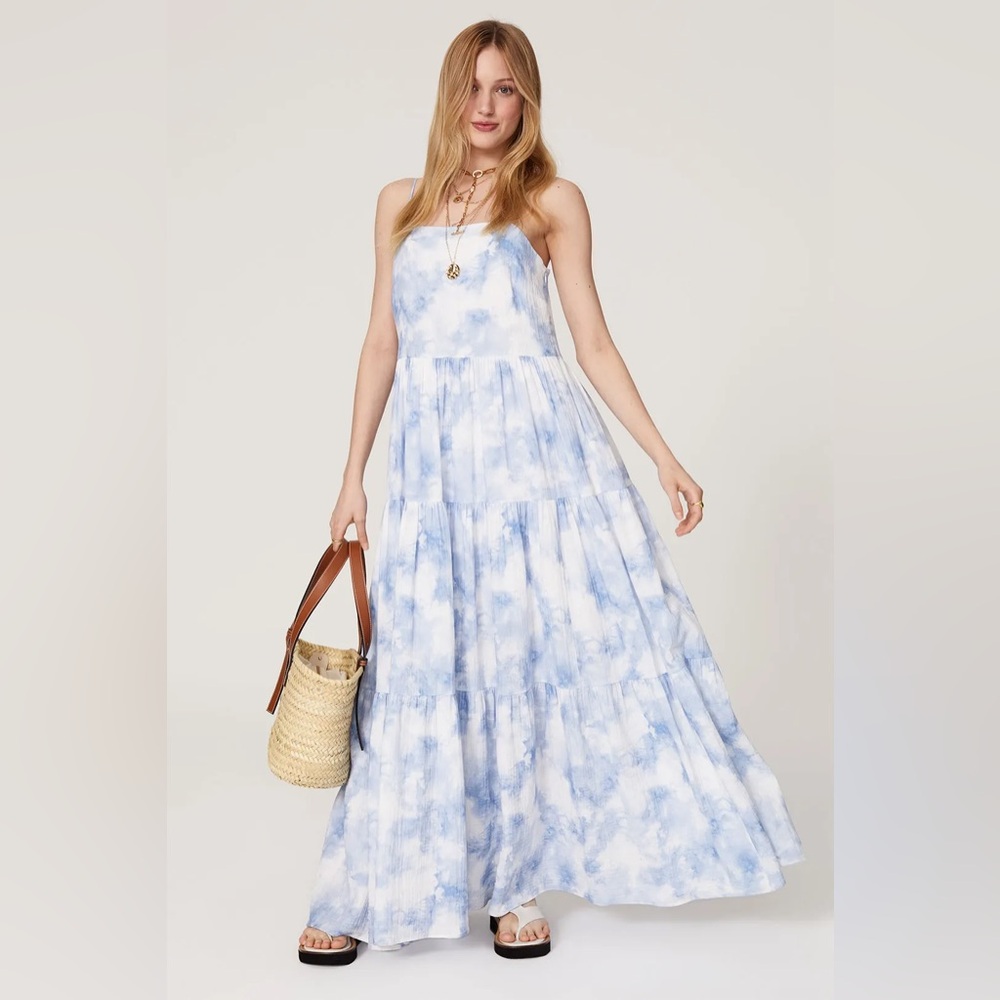 JONATHAN SIMKHAI Organic Cotton Blue & White Tiered Maxi Dress Flowy Sundress - Picture 10 of 14